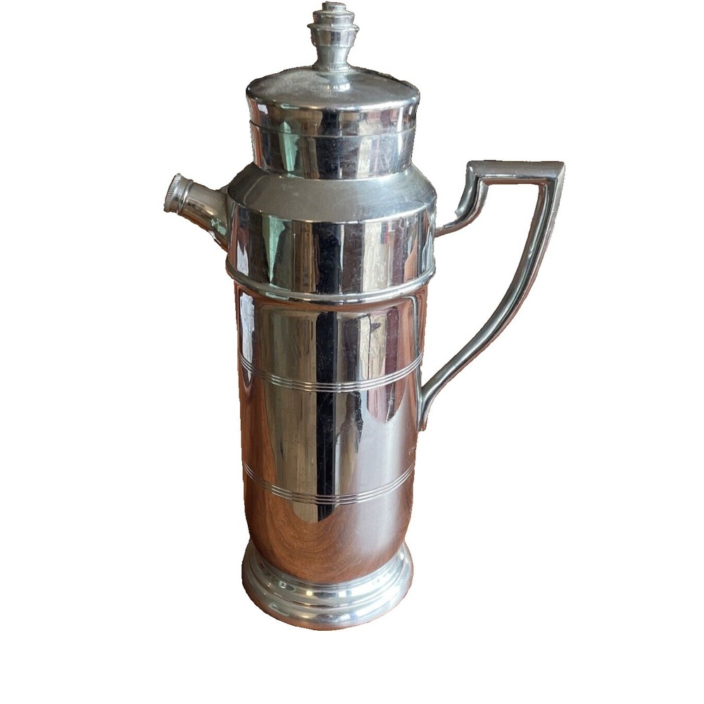 Vintage MCM Art Deco Chrome Charger Cocktail Pitcher‎ Barware Martini Shaker